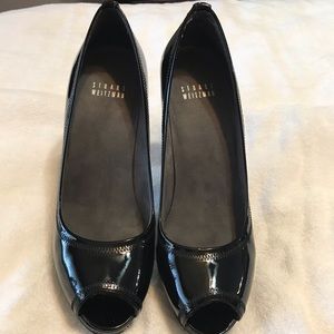 Stuart Weitzman black patent peep toe heels